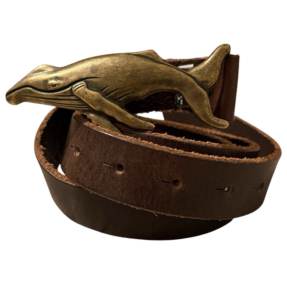 VTG J Crew Co NYC Brown Leather Belt Brass Whale Buckle Men's Small USA